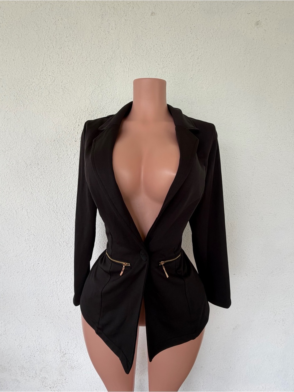 Black Women's Tailored Blazer with Gold Zipper Accents